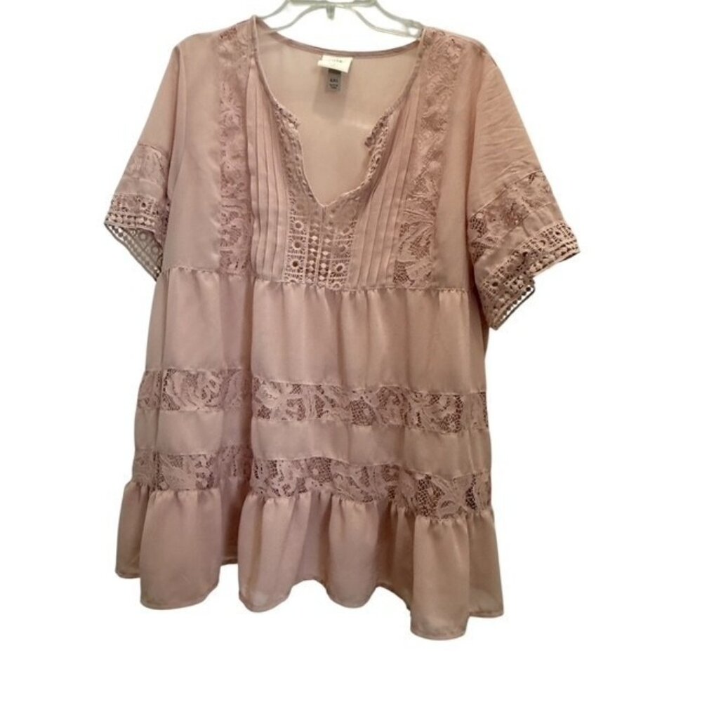 Knox Rose Babydoll Top Womens XXL Short Sleeve Lace Trim Tiered Boho Blush Pink